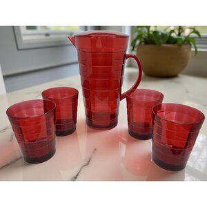 vintage cranberry red 6 pc heavy plastic tea/lemonade serving set